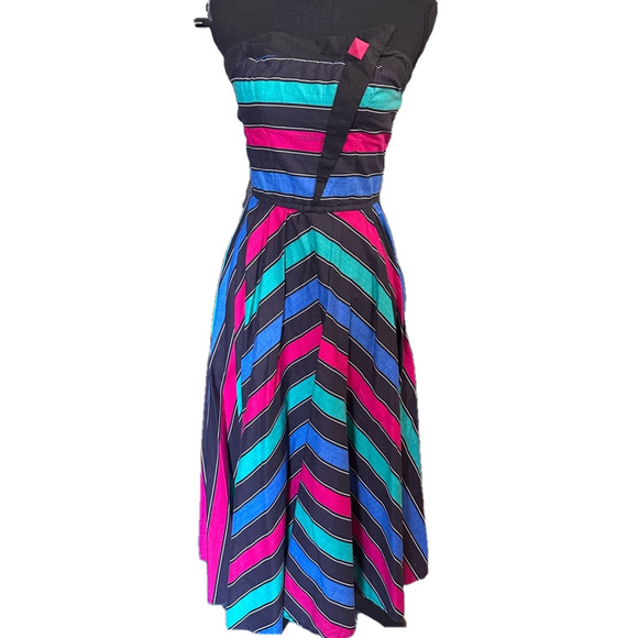 Vintage Foxy Lady 80s Strapless Flared Dress - Picture 1 of 7